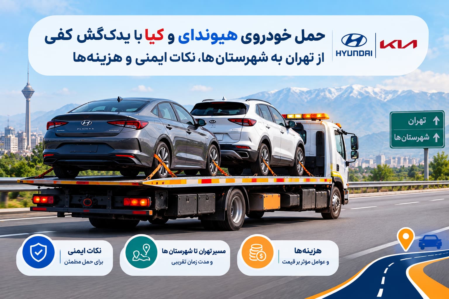 امداد خودرو هیوندای ، امداد خودرو کیا ، امداد خودرو تویوتا ، امداد خودرو لکسوس حمل خودروی هیوندای و کیا با یدک کش کفی از تهران به شهرستان ها، نکات ایمنی و هزینه ها